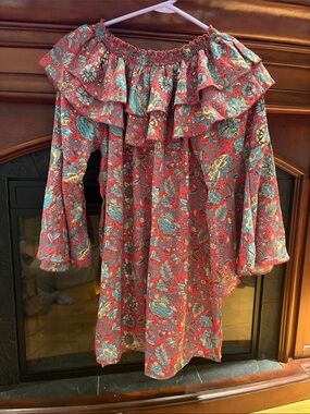 EARTHBOUND Coral Paisley Off-Shoulder Midi Dress with Teal and Cream Accents